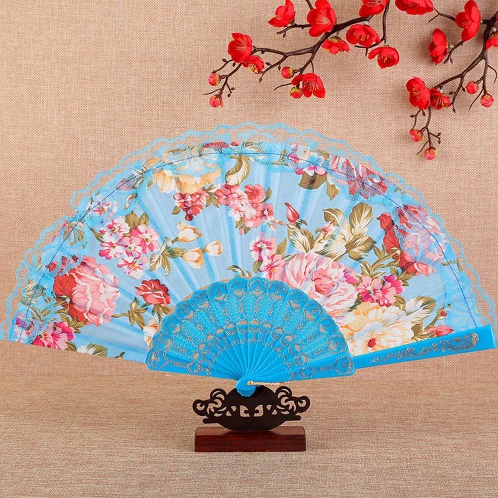 Foldable Folding Fan Flower Pattern Vintage Hand Fan Gifts Lace Hand Fan Stage Props синий