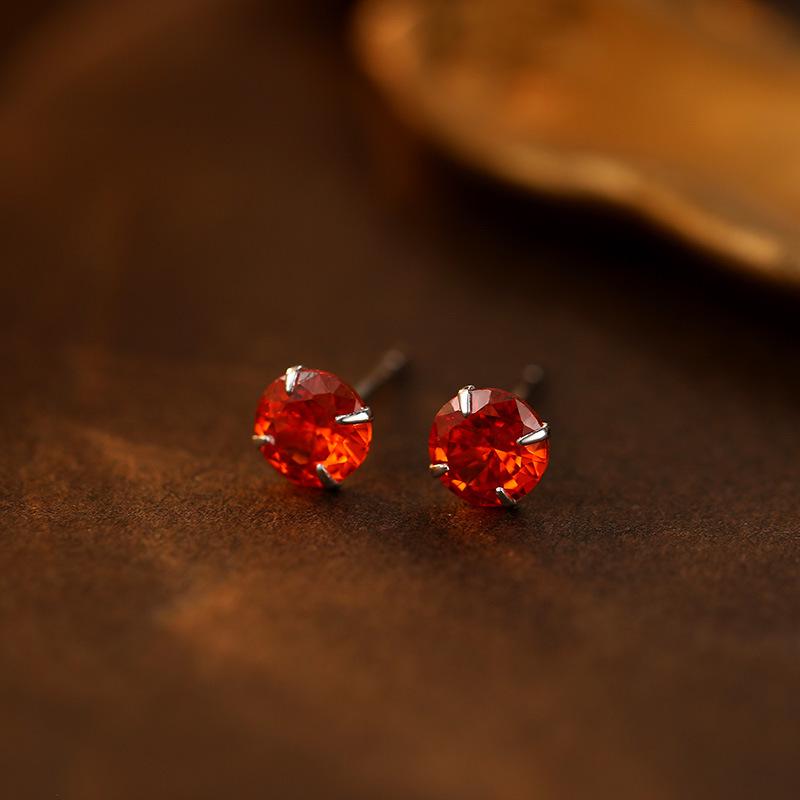 Banyan Tree S999 Silver Birthstone Earrings: Women's Four-Claw Colored Diamond Ear Studs for Everyday Wear