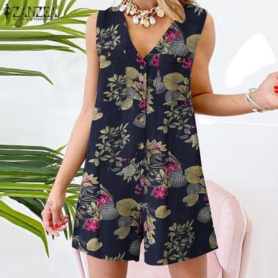 Tuta corta da donna estiva con scollo a V senza maniche, casual, con stampa floreale