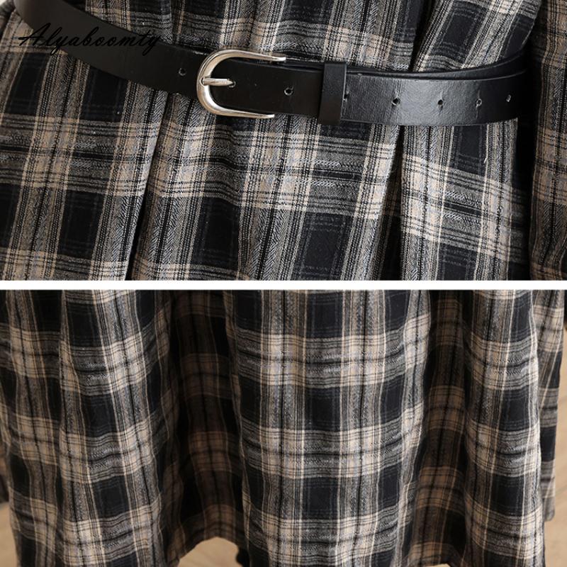 Plus Size Spring Autumn Women Vintage Midi Dress V Neck Plaid Casual Loose Ruffles Dress Retro Long Sleeve Elegant Dress With Belt
