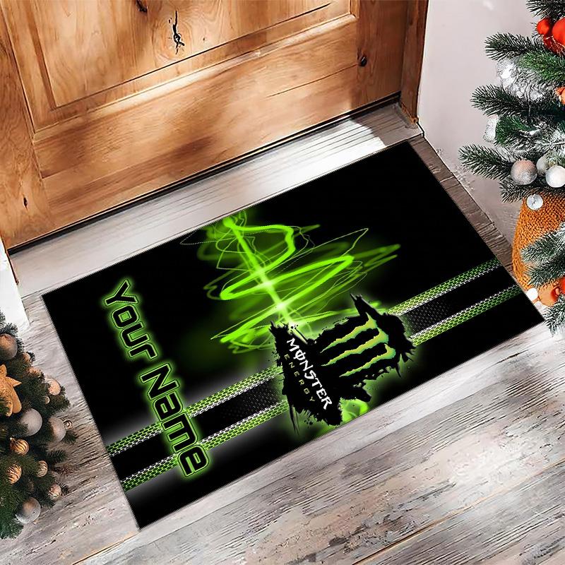 Tappeto Monster Energy Crystal Velvet, Tappetino Antiscivolo Personalizzato con Nome Testo per Arredamento Casa Regalo