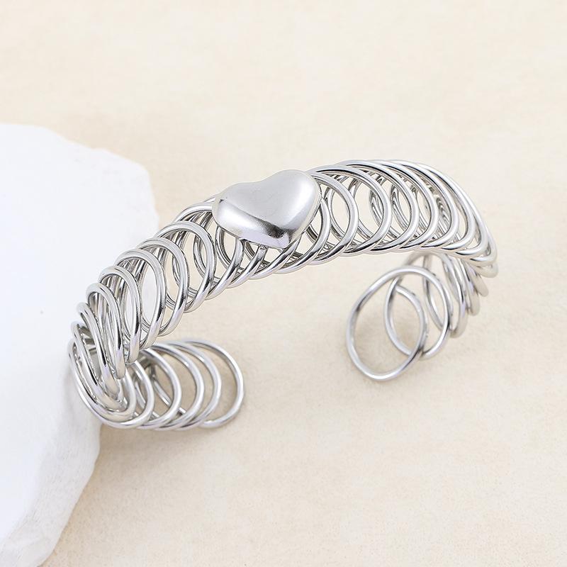 Stylish Stainless Steel Heart Open Cuff Bracelet - Smooth, Hollow Spring Design, Titanium Steel