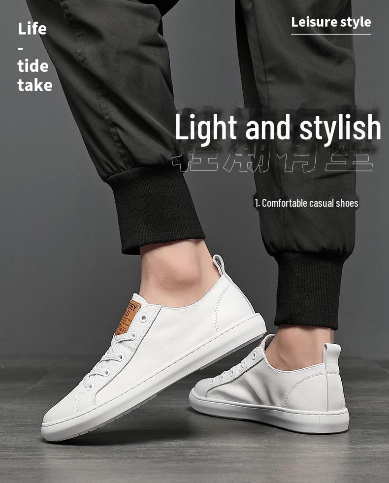 Men's Genuine Leather Low-Top White Sneakers - Breathable Casual Spring/Summer Shoes