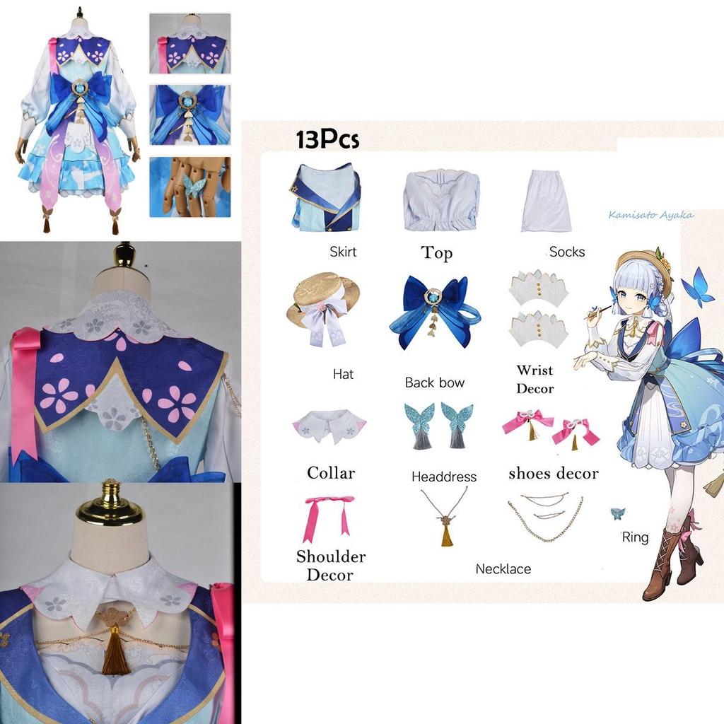 Genshin Impact Kamisato Ayaka Cosplay Costume Wig Flower Dress Hat Halloween