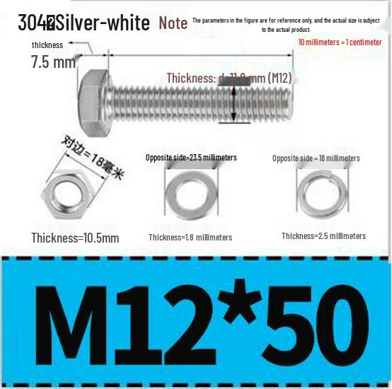 304 Stainless Steel Hex Head Bolt and Nut Set M6-M14, Lengths 8-100mm