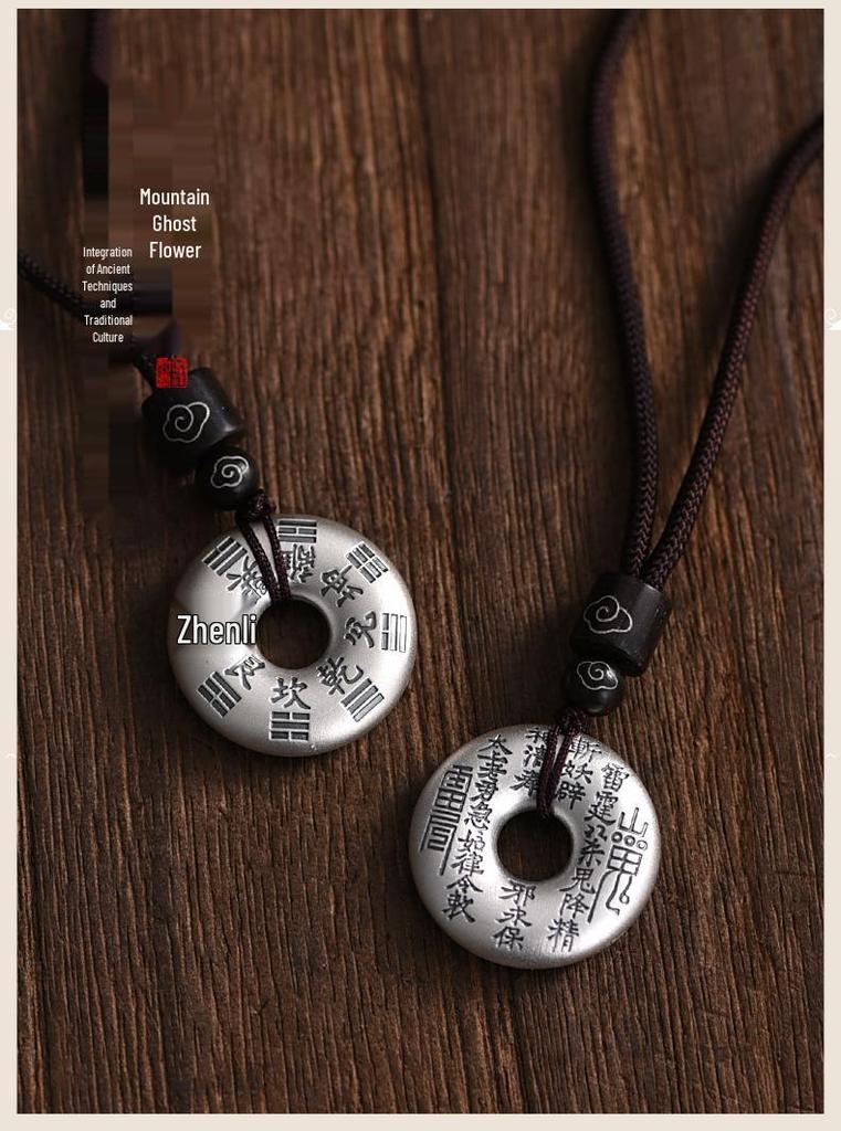 Sterling Silver Bagua Pendant Necklace with Woven Rope - Chinese Style Unisex Design