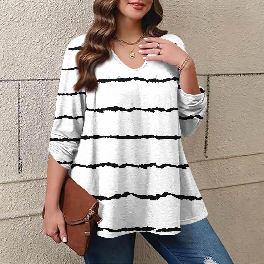 Women's Plus Size Fashion Printed Casual Pleated Round Neck Long Sleeve Top