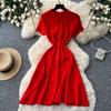 Red Knitted High-end Dress Women's Summer Short-sleeved High-waisted A-shaped Skirt Commuting Thin High-end