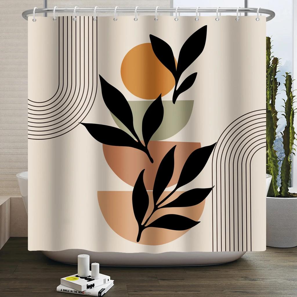 Mid Century Abstrakt Boho Duschvorhang Grünes Blatt Pflanze Modern Bogen Sonne Minimalistisch Nordisch Wasserdicht Badezimmer Badvorhang