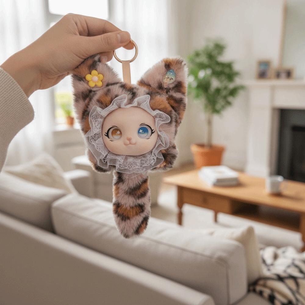 Cute Design Lace Leopard Print Cat Plush Keychain Vinyl Face Doll Pendant Boys and Girls