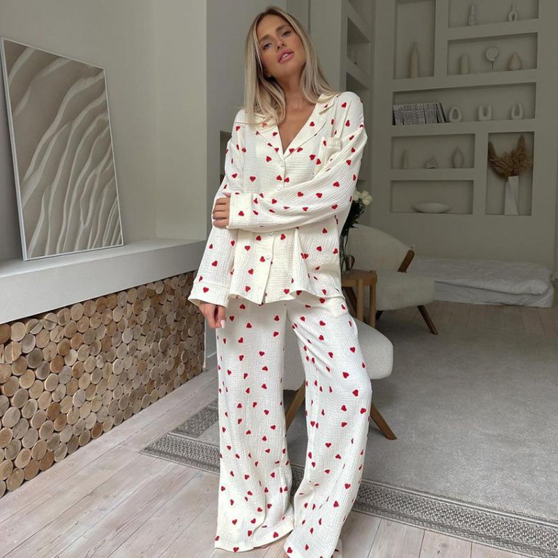 Spring Printed Women's Home Clothes Loose Long Sleeved Long Pants Pajamas Two-piece Set