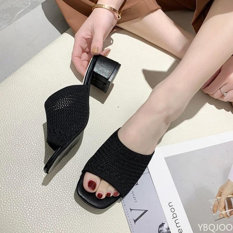 Fashion Women's New Coarse Heel Sandals Fashion Breathable Mesh Shoes Casual Comfortable Plus Size Shoes Ladies Fish Mouth Slippers