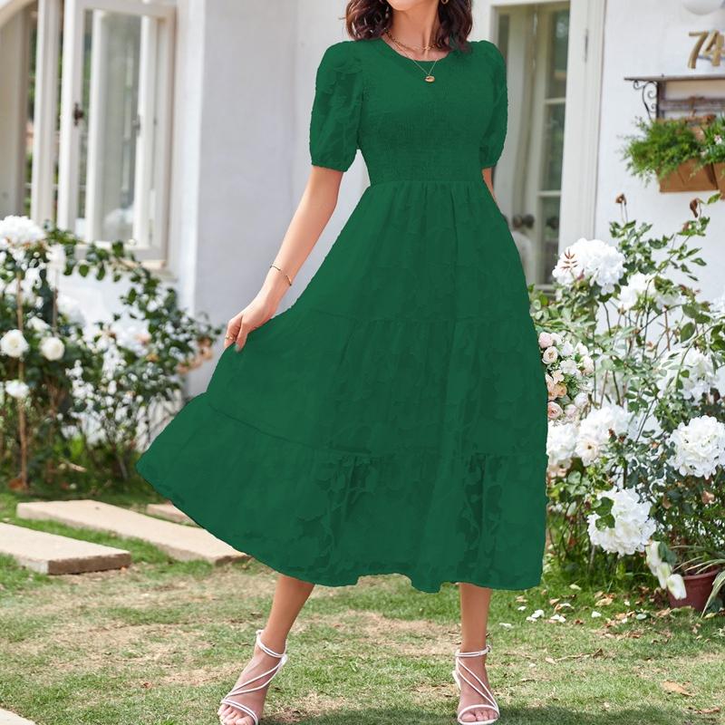 YYFS Women's Fashion Summer Spring Solid Color Print Short Sleeve O-Neck High Waist Casual Dresses