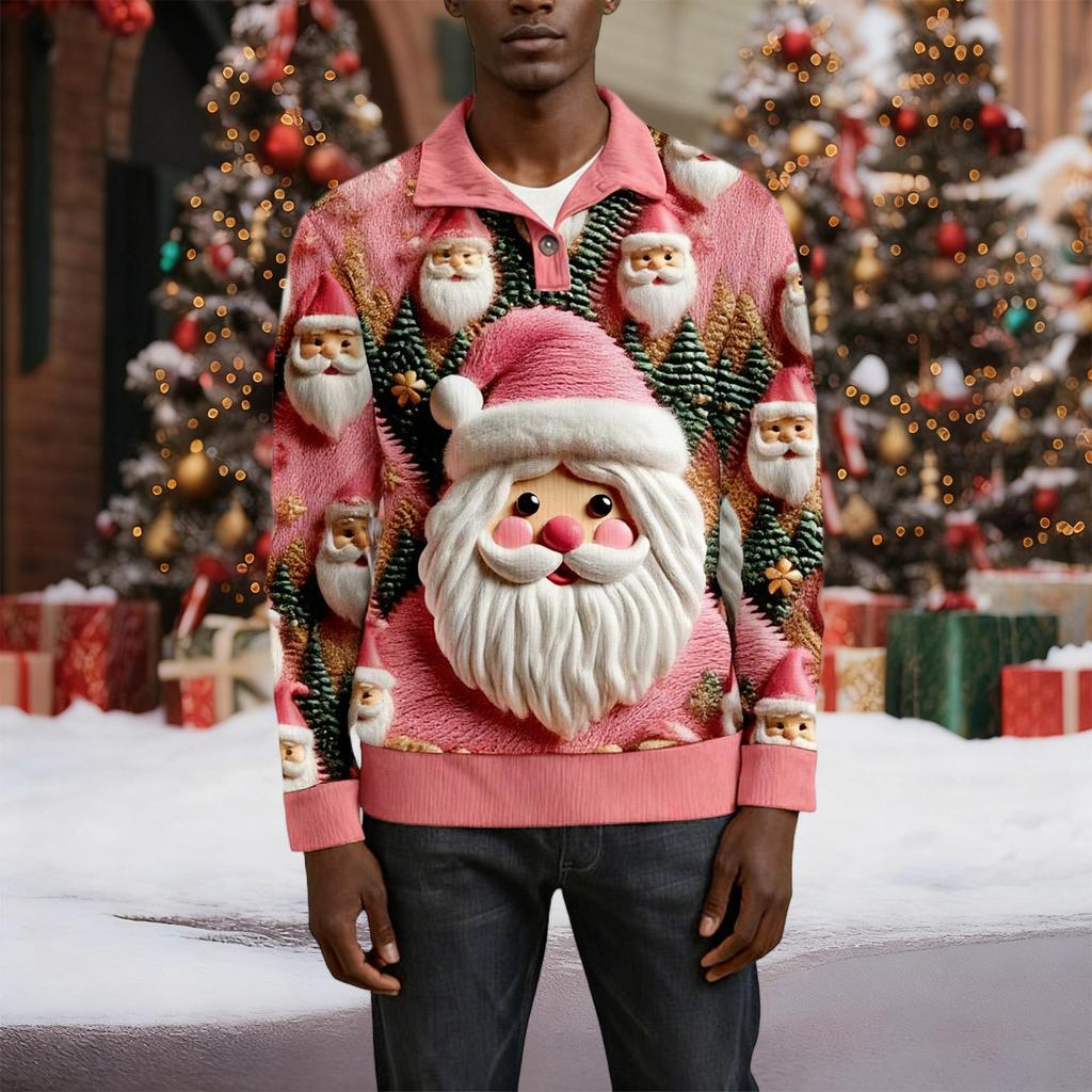 Erkek Noel Pamuklu Kazak Uzun Kollu Dış Giyim Gömleği Vintage Kadife Düğmeli Dik Yaka Gömlek Günlük Sweatshirt Noel Baskılı Üst