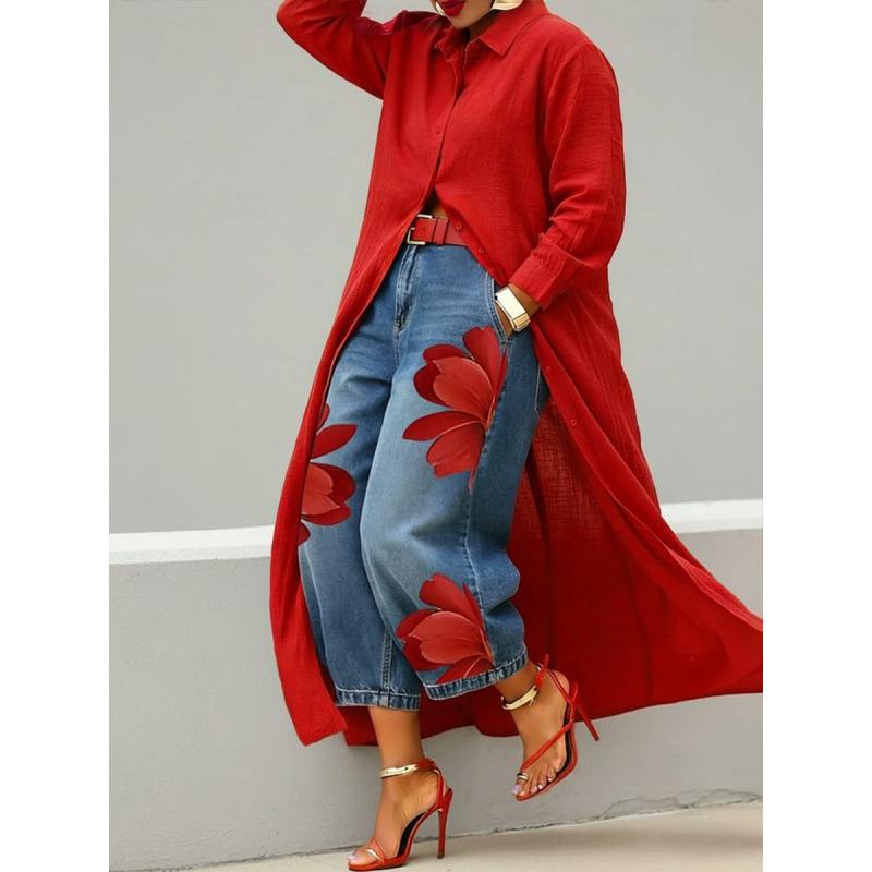 Women Solid Color Loose Long Sleeve Maxi Shirt Dress S