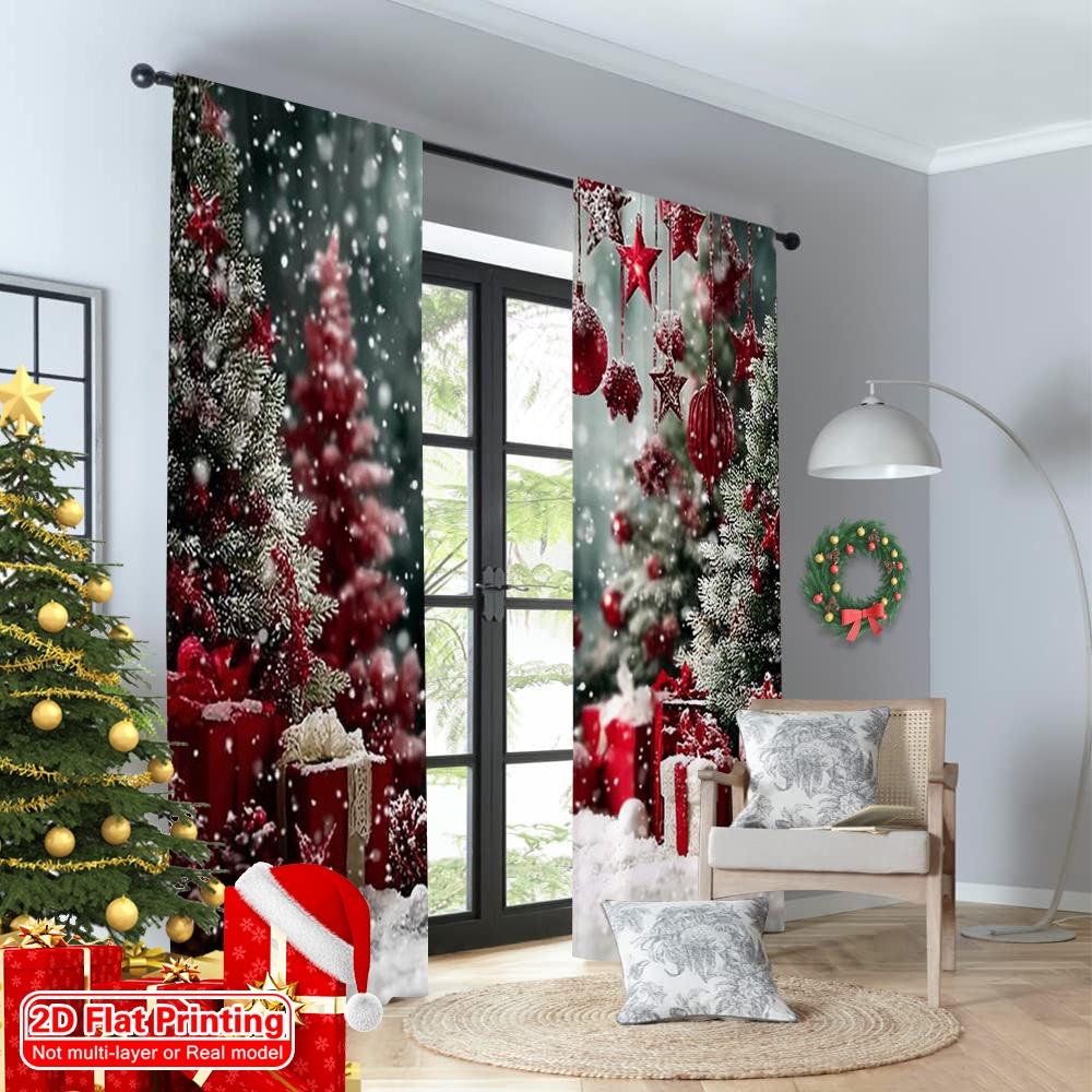 2pcs 2D flat printing Christmas Party Curtain Green Pine Trees_ and Red Gift Machine Washable Fabric Without Electricity