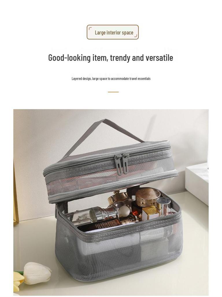 Large Capacity Double Layer Mesh Makeup & Toiletry Bag - Portable Travel Cosmetic Storage