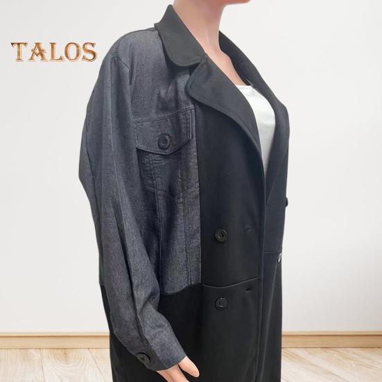 Dámské Jaro Podzim Kabát Džínová bunda Kabát Patchwork Dvouřadý s kapsami s klopou Colorblock Dámský kabát střední délky