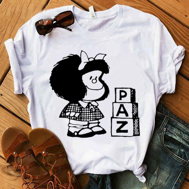 Female Tshirt cartoon PAZ Mafalda or QUIERO Cafe printed female graphic Tshirt Harajuku funny Tshirt female tops Tee S