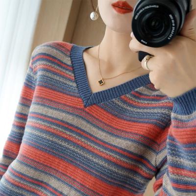 Autumn Winter Base Knitted Sweater Elegant Rainbow Knitting Tops Women All Match Casual Knitwear Long Sleeve Stripe Sweaters Thick Pullover
