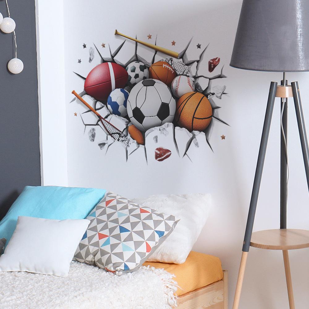 3D Breaking Wall with Sports Balls Wall Sticker Dynamic Self-Adhesive Decor for Bedroom Living Room Man Cave Game Room Wall Art