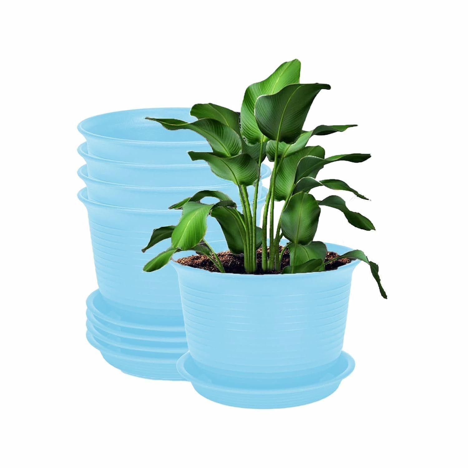

Plastic Round Flower Pots with Tray for Home Planters, Terrace, Garden Etc | Pack of 05 | Blue | Size 8 Inch | for Home Indoor & Outdoor 8 INCH синий