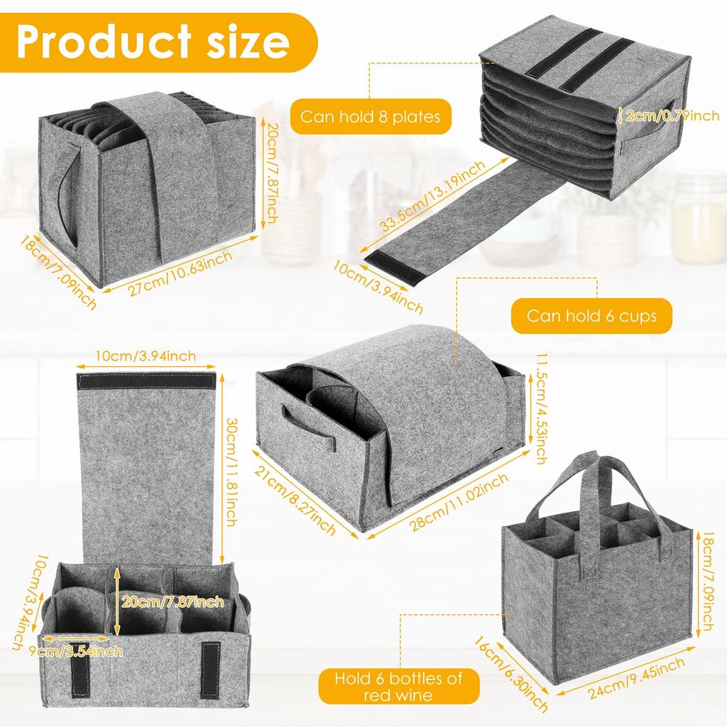 3Pcs Felt Storage Bag for Plate Cup Wine Bottle with Handle Multi Compartment Tableware Storage Pouch for Campervan Boat