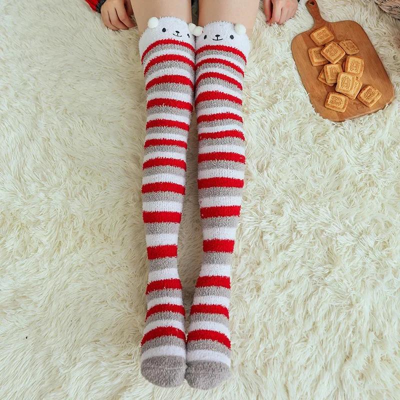 1Pair Fashion Girl Cute Winter Striped Coral Velvet Long Socks Warm Knee Length Socks Cute Bear Sheep Home Towel Stockings