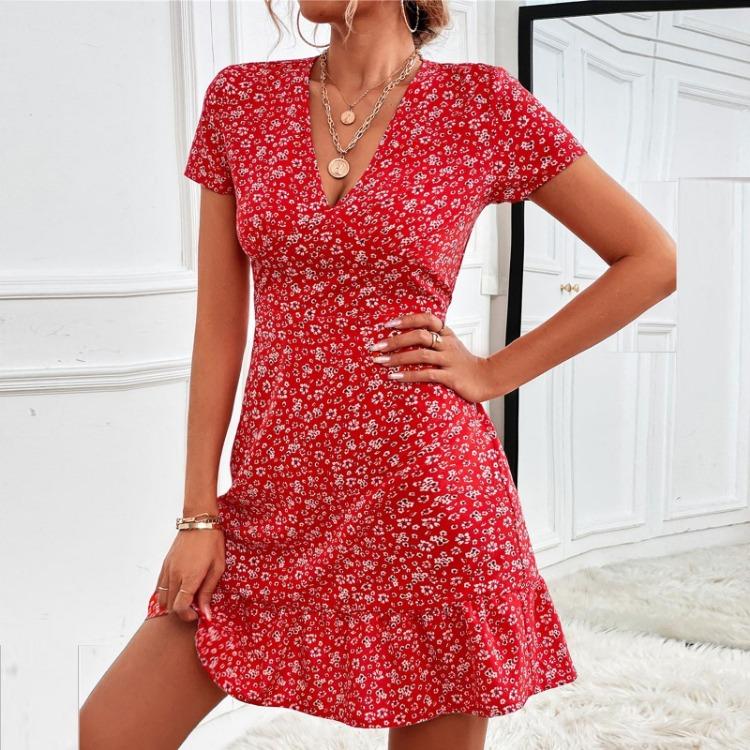 Women Casual Summer Sexy Floral Print V-neck Short Skirt Dress