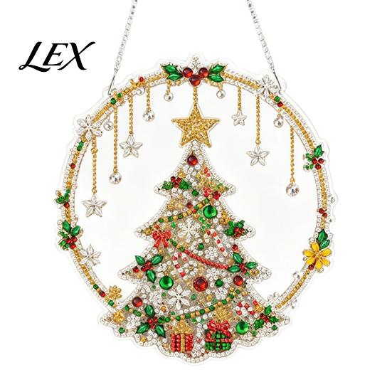 Festive Tree Ornament Crafting Christmas Rhinestone Painting Suncatcher Kit, DIY Faux Pearl Art Xmas Crafts for Adults Beginner, Acrylic Decorative