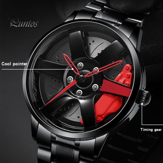 Men Waterproof Sports Car Wheel Hub Design Steel Band Quartz Watch Wristwatch