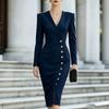 Women's V-Neck Long Sleeve Color Waist-Defining Bodycon Dress with Button