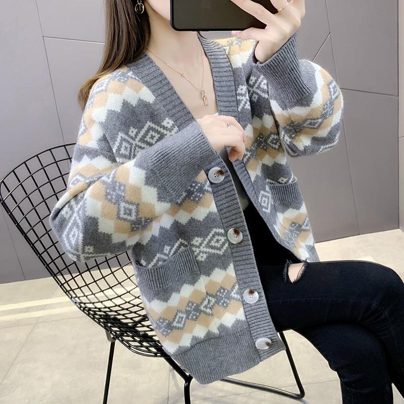 Womens Oversized Knit Cardigan With Vintage Boho Style Long Sleeve V-Neck Thick Warm Sweater