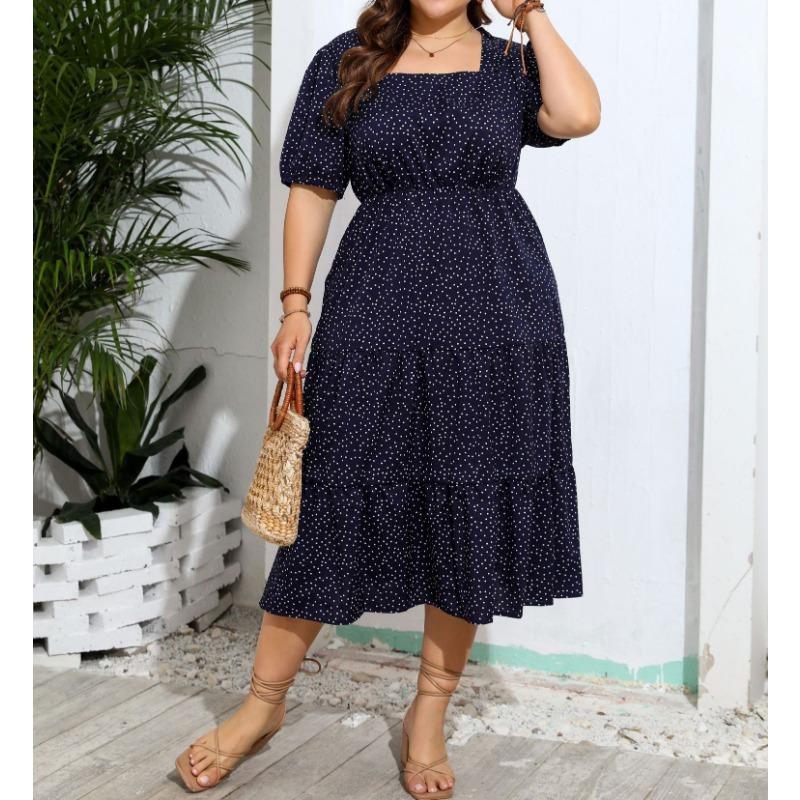 

Женское платье больших размеров с квадратным вырезом и французским модным принтом, эластичная талия 4XL