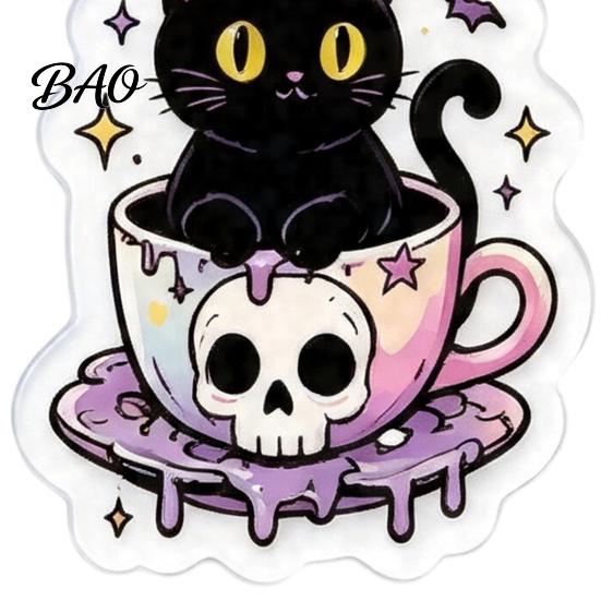 Skull Teacup Pendant 1 Pair Halloween Earrings for Women, 2D Acrylic Black Cat Women Dangle Drop Earrings, Gothic Cartoon Jewelry Party, Daily