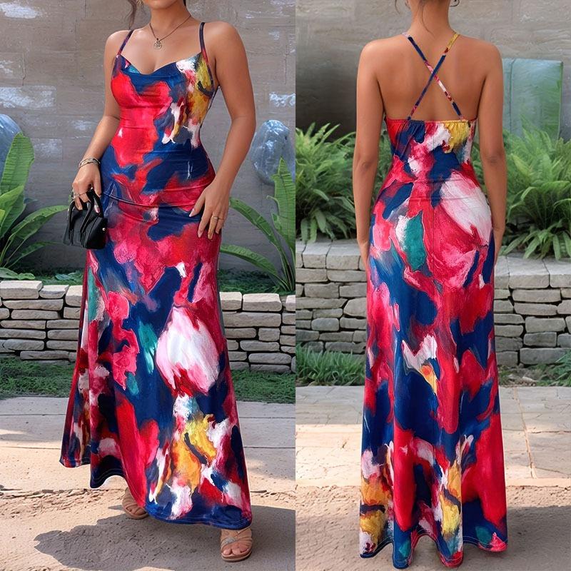 2026 Sleeveless Abstract Printed Spaghetti Strap Dress Women's Cross Backless A-line Holiday Maxi Dress Cowl Neck Cross Back Casual Clothing