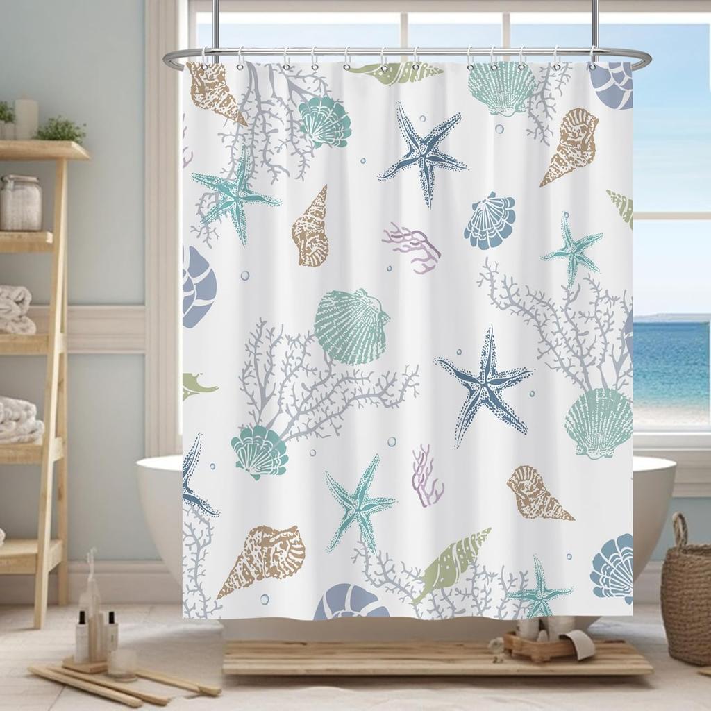 Ocean Theme Shower Curtain, Starfish Coral Nautical Coastal Shower Curtain Set for Bathroom, Nautical Marine Theme Seashell Conch Fabric Bath Curtain