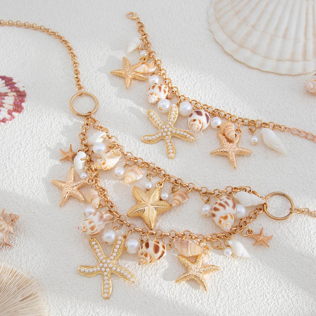 Boho Ocean Starfish Conch Tassel Pendant Choker Necklace Chain Bracelet Summer Beach Vacation Jewelry Set Gift