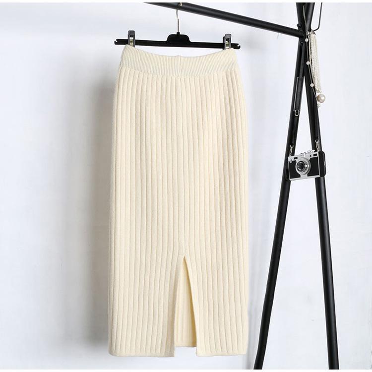 Jupe Midi Tricot Épais Fendue pour Femme - Laine Polyvalente à Taille Élastique pour Automne/Hiver 2025