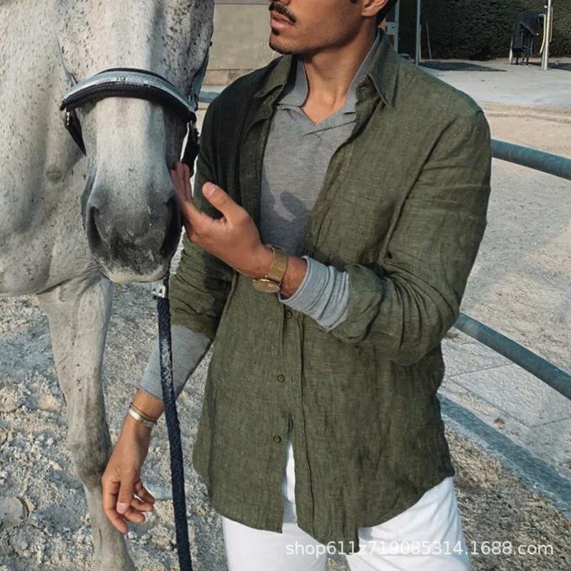 Mens Solid Color Loose Casual Long Sleeve Beach Shirt