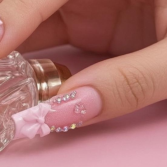 24Pcs Long French Tip Press on Nails, 3D Pink Bow Rhinestone Stick-on Nails for Women, Removable Full Cover Glue on Fake Nails