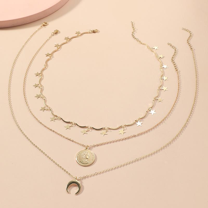 

Японско-корейский модный креативный набор: Комплект из 3 ожерелий с ретро луной и звездой, цепочки для ключиц