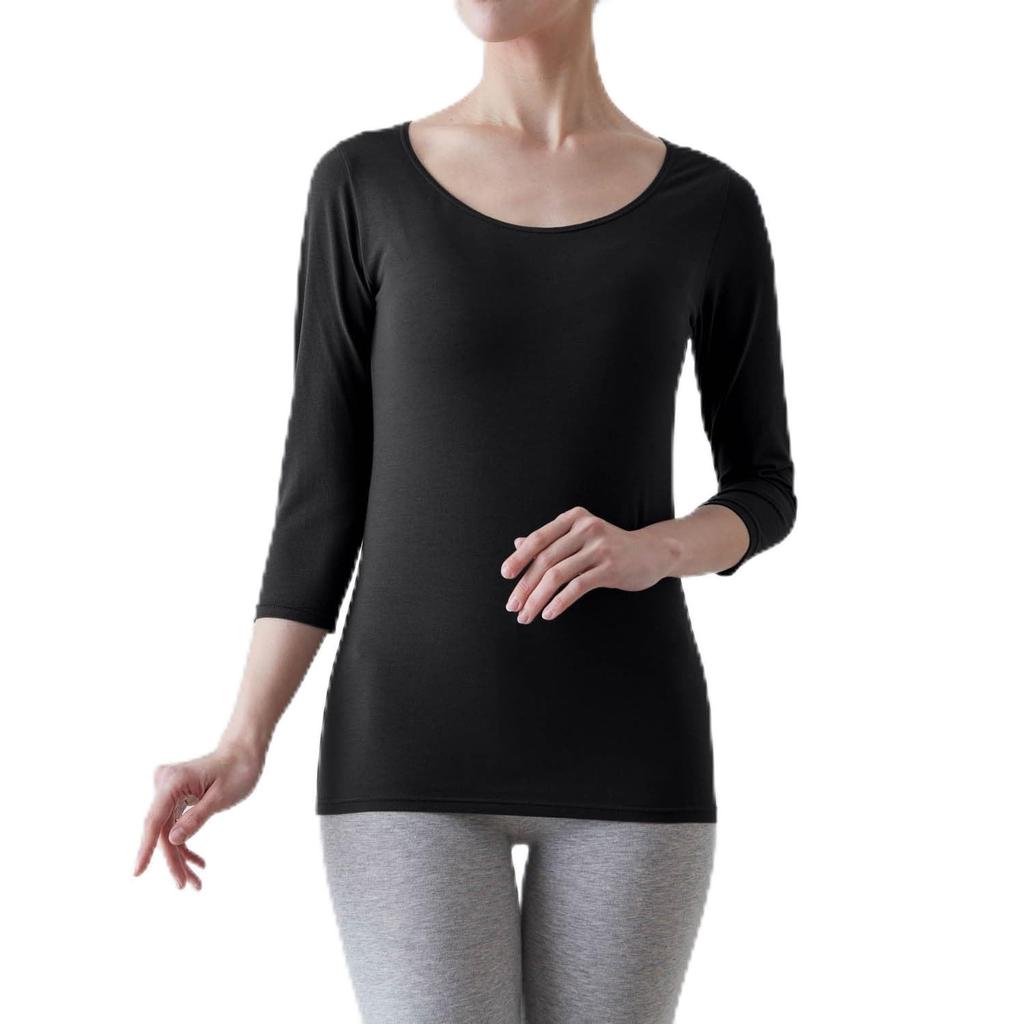 Belle Maison Sleeve Cotton Blend Crew Neck Warm Inner Size M Women's 3/4 Shirt, Hotcot, Black,