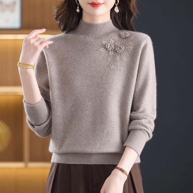 Women's Slimming Half-High Collar Wool Sweater - Thick Warm Winter Base Layer for Middle-Aged Women