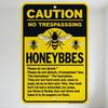 CAUTION NO TRESPASSING Honeybees Metal Tin Sign, Vintage Warning Sign with Bee Illustrations for Farm Garden, Decorative Tin Pla