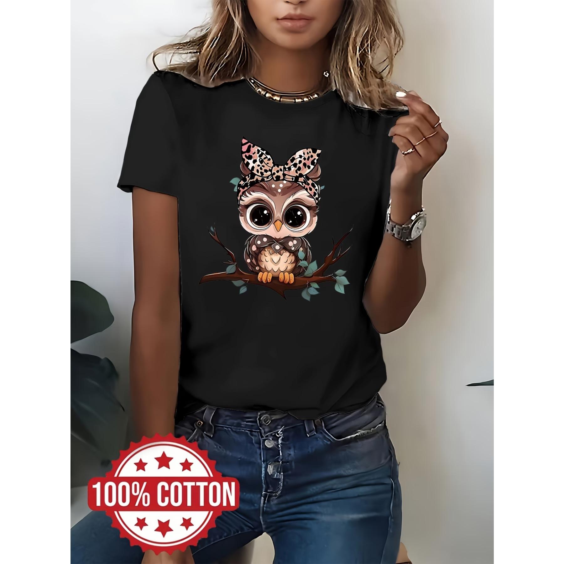 Cartoon Animal Graphic Print, Round Neck Women S Short Sleeve, Pure T-Shirt S чёрный
