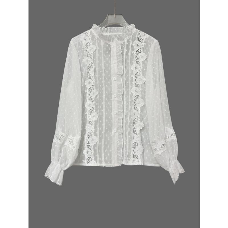 Frühling Herbst Neu Rüschen Stehkragen Spitze Hemd Elegant Locker Süß Häkeln Langarm Bluse Lässig Durchbrochen Lässig Einreihig Oberteil Kleidung