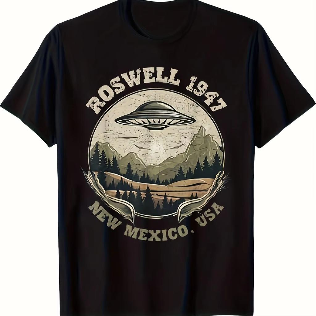 Unisex Roswell 1947 Alien UFO Graphic TShirt Vintage Retro SciFi Design with New Mexico USA Text Black Short Sleeve Casual Tee