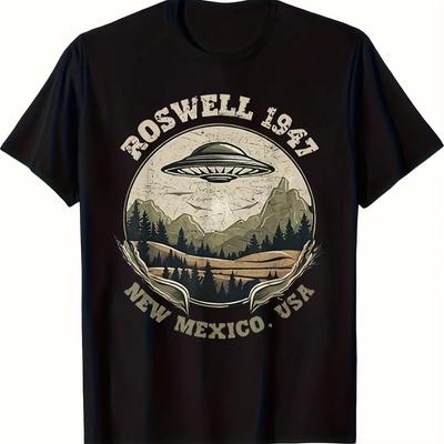 Maglietta Grafica da Uomo Roswell 1947 Alieno Design Retrò Vintage Sci-Fi con Testo Messico USA Manica Corta Nera