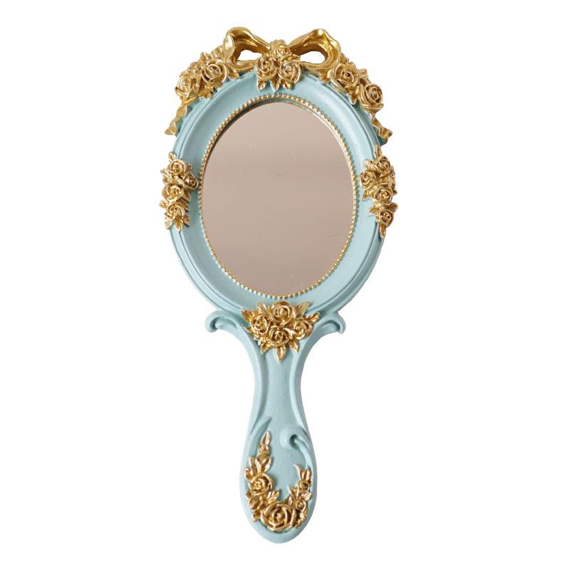 Vintage Handheld Makeup Mirror European Palace Style Princess Women Girls Oval Vanity Mirror Cosmetic Tool with Anti-Slip Handle